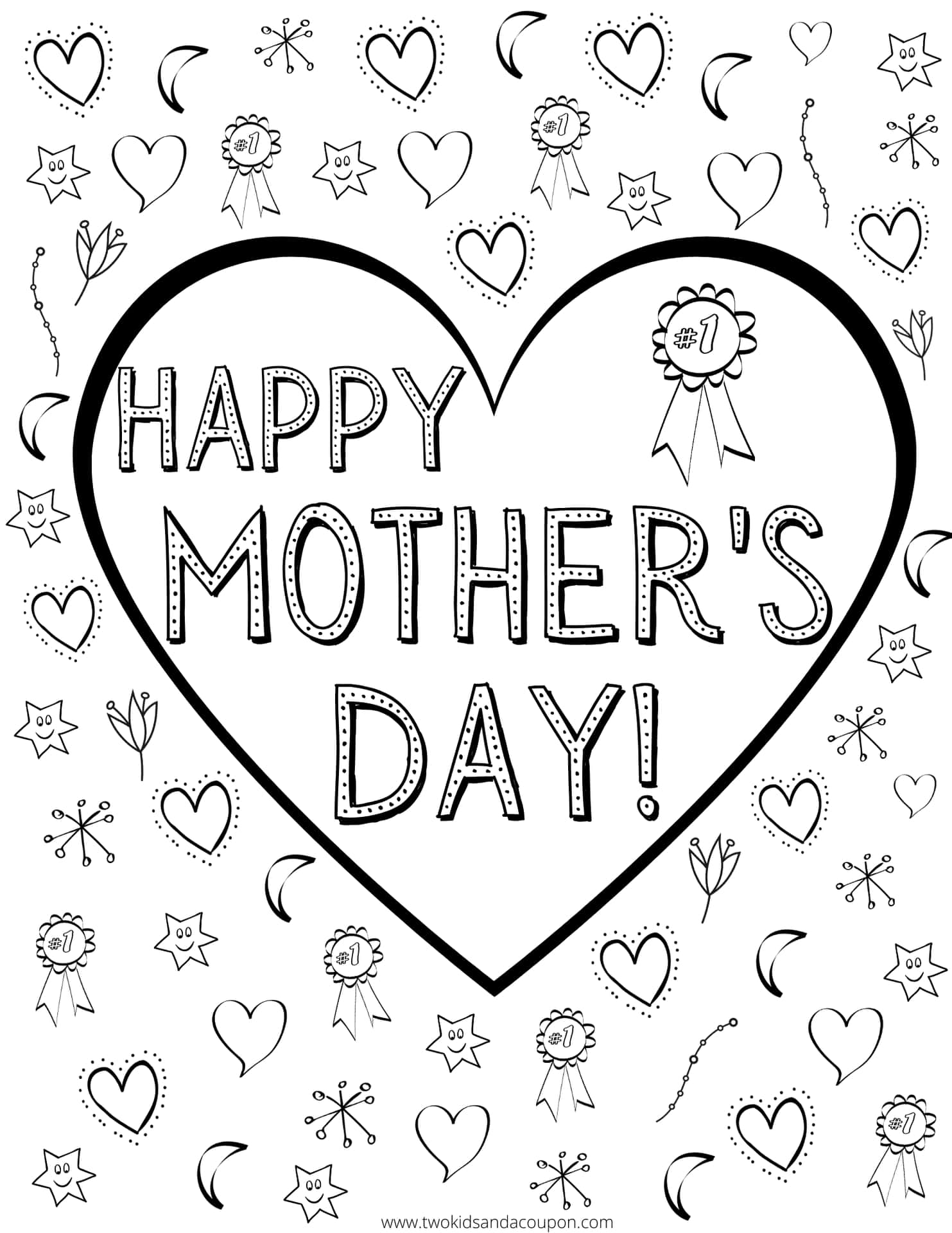 Happy Mother's Day 填色頁，有心形、星星和絲帶