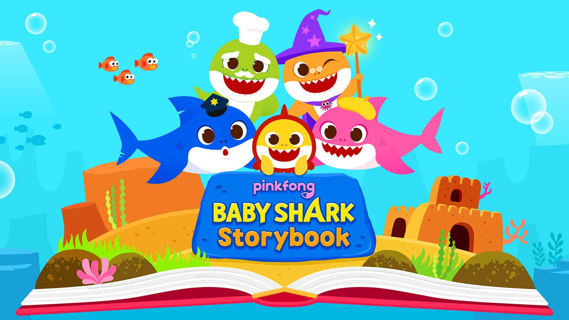 快樂海底冒險 - Baby Shark 主題背景 壁紙 — 色彩繽紛的卡通鯊魚穿著服裝，從水下一本打開的書中冒出，伴隨著氣泡和珊瑚。