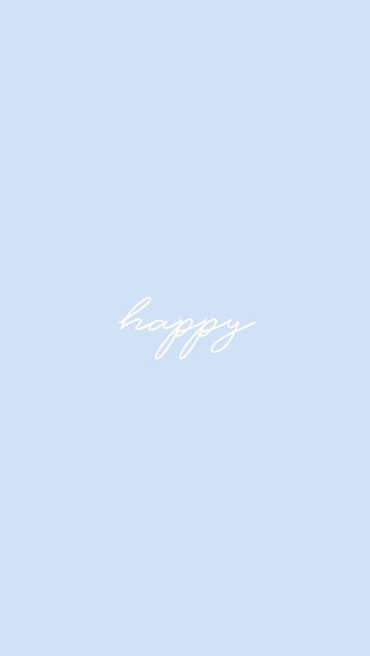 快樂清新寶寶藍 壁紙 — 「happy」一詞以優雅的白色草書字體，漂浮在柔和的粉藍色背景中央。
