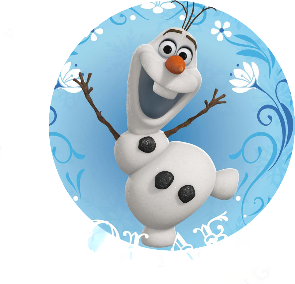 快樂的冰雪奇緣雪人奧拉夫 壁紙 — 一個快樂的動畫雪人，有樹枝手臂和胡蘿蔔鼻子，在藍色花卉圓形背景上燦爛微笑。