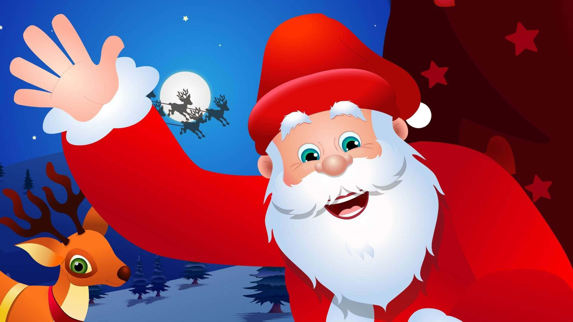 Santa Claus 桌布 壁紙 — 快樂的卡通聖誕老人喺滿天星星嘅夜空下愉快咁揮手，馴鹿喺月光下飛過。