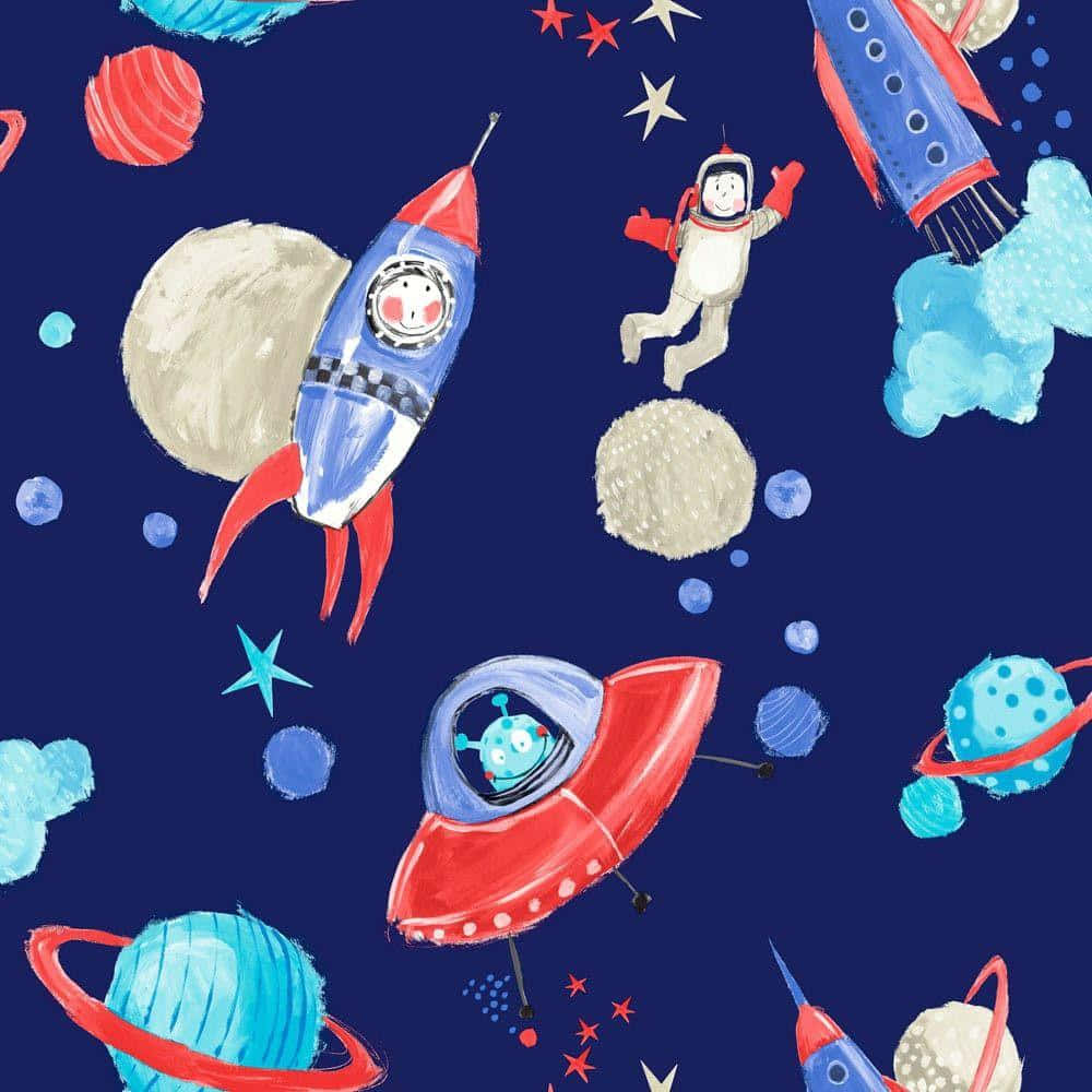 一幅孩子氣的水彩太空插圖，有火箭、外星人和行星。