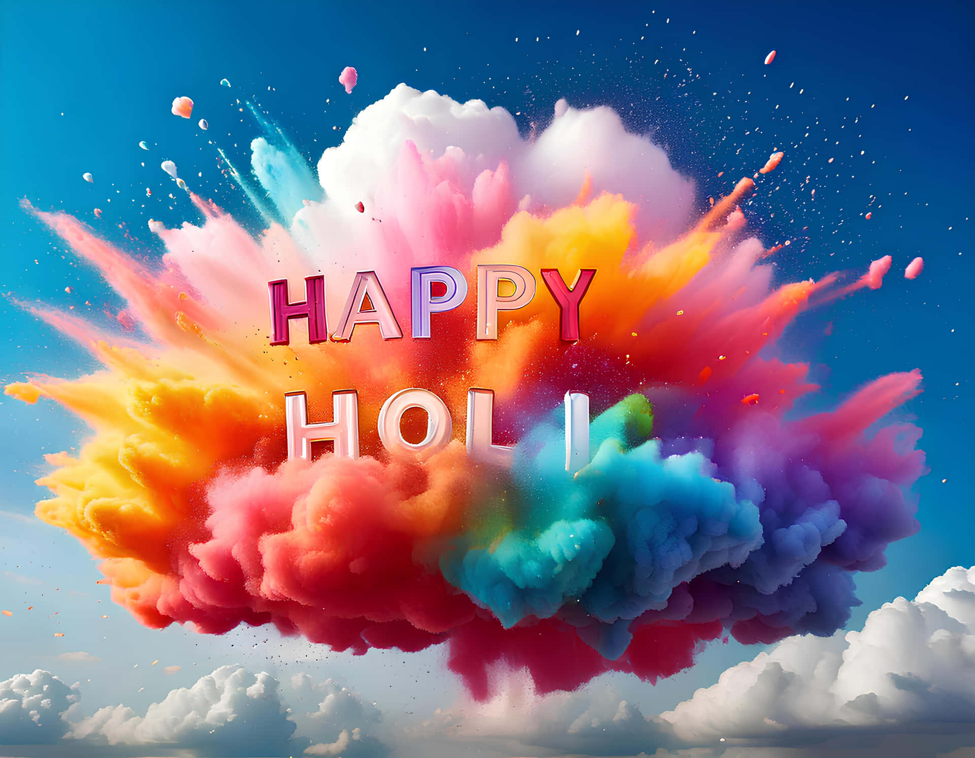 天空中帶有「HAPPY HOLI」文字的彩色粉末爆炸