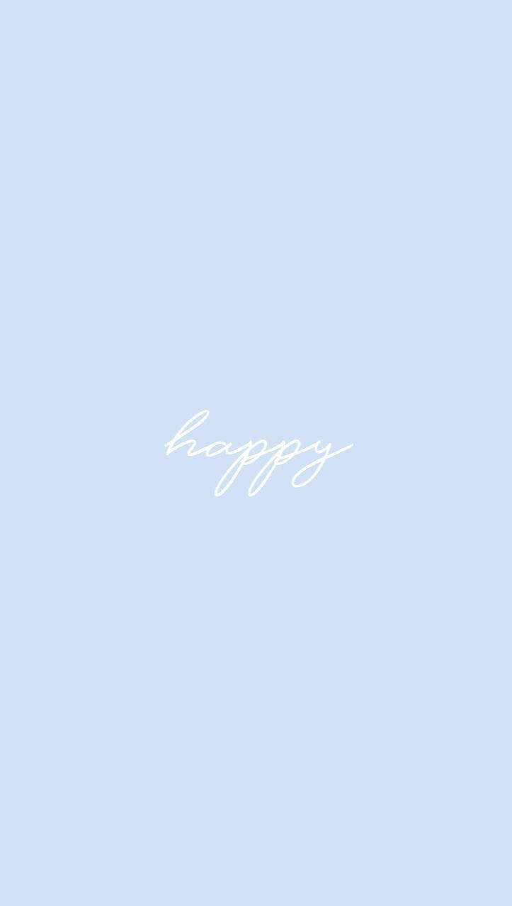 淺藍色背景上以白色草書寫成的「happy」一詞。