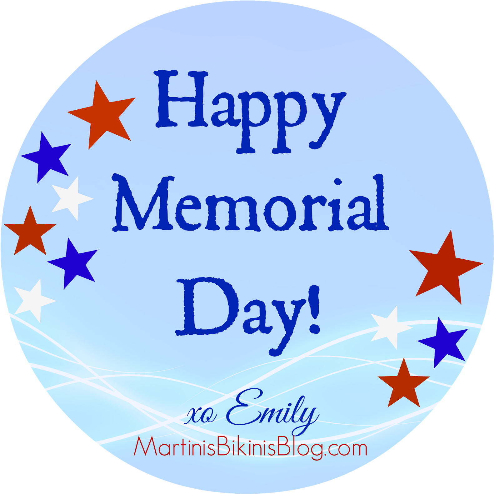 快樂紀念日問候 壁紙 — 一個圓形藍色圖形，上面有粗體藍色文字「Happy Memorial Day!」，周圍環繞著紅色、藍色和白色的星星。