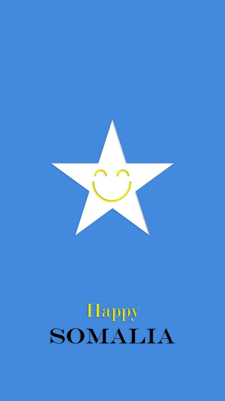 藍色背景上帶笑臉的白色星星，附有Happy SOMALIA文字。