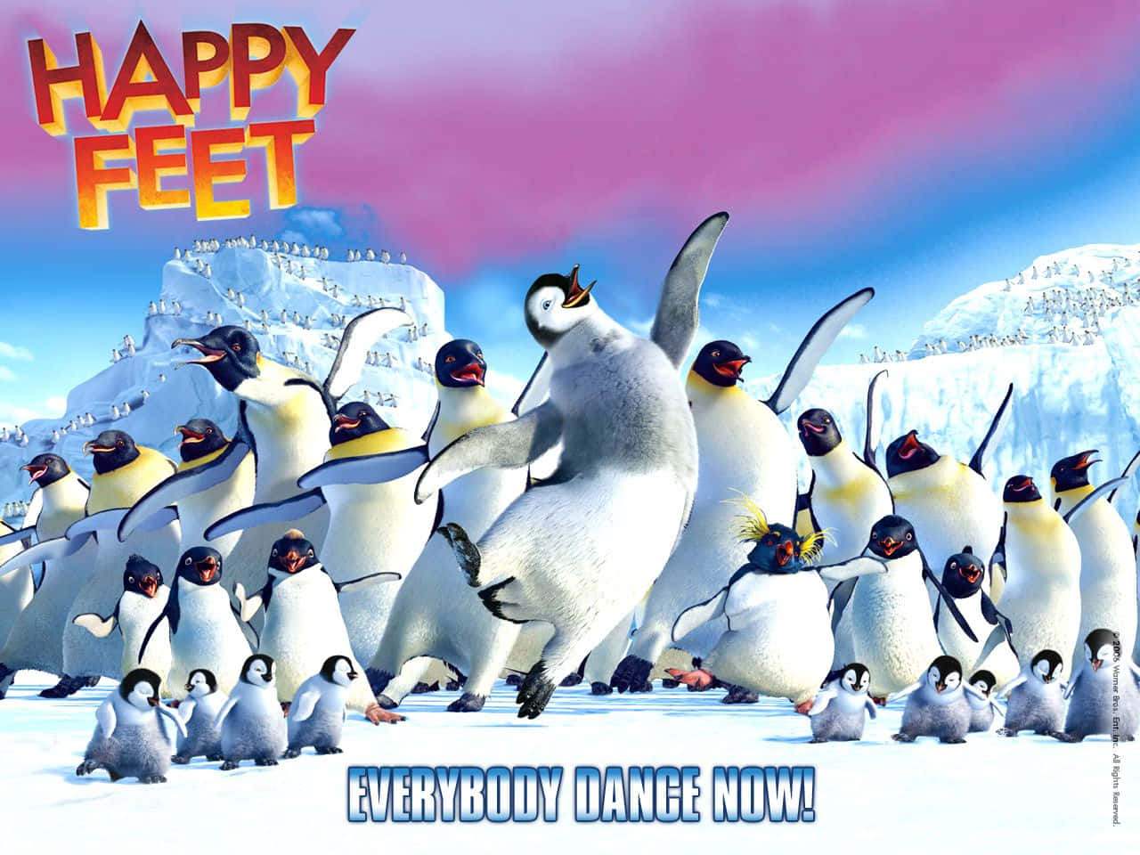 動畫企鵝在雪地上快樂跳舞，並帶有「Happy Feet」文字。