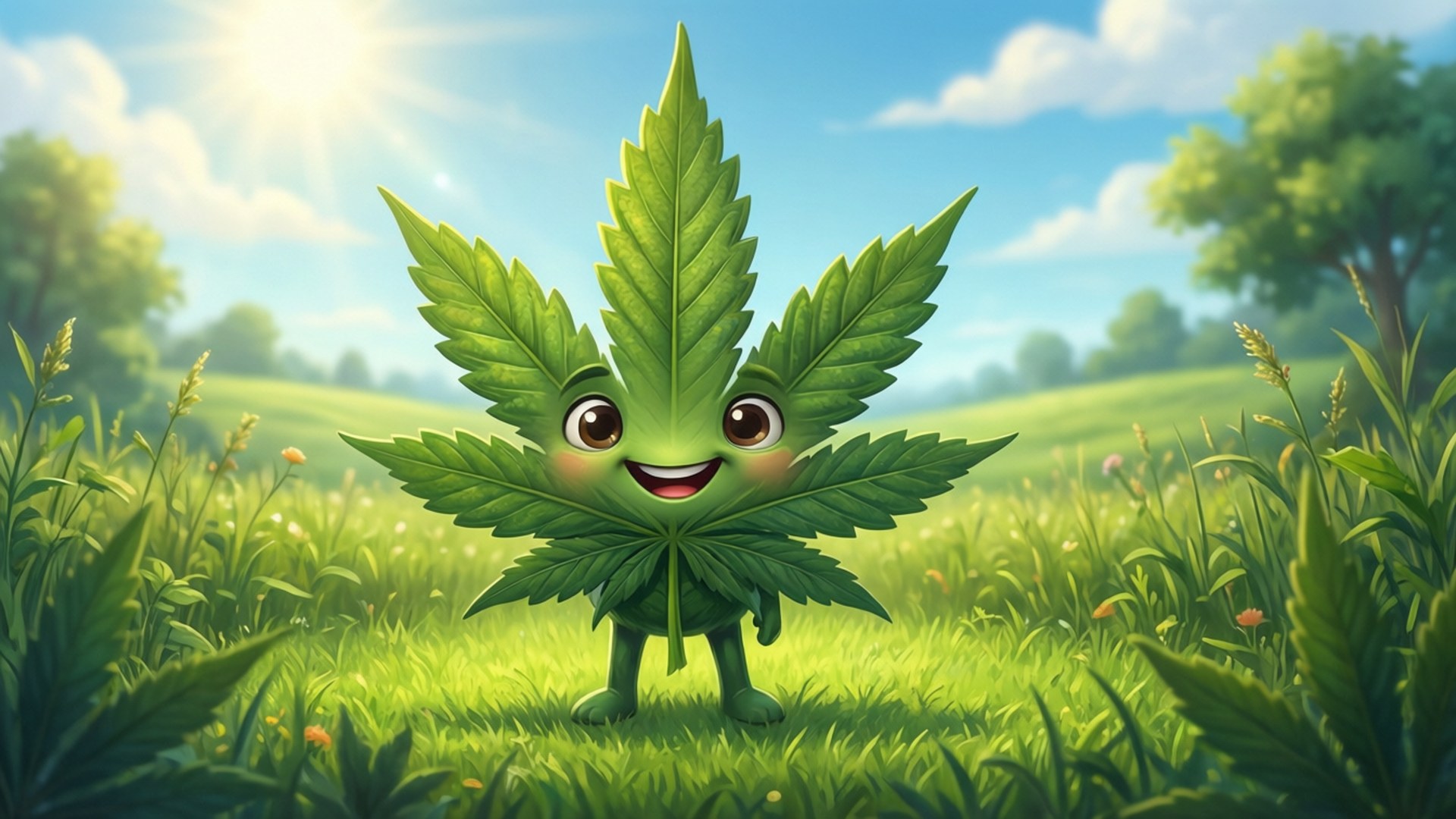 一個微笑的卡通大麻葉站在陽光下的草地上。