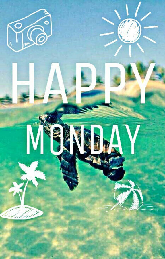 快樂陽光星期一小海龜 壁紙 — 一隻海龜在粗體白色「HAPPY MONDAY」文字下方於水中游動，背景為藍綠色海洋，並有太陽、相機、棕櫚樹和雨傘的白色線條圖示。