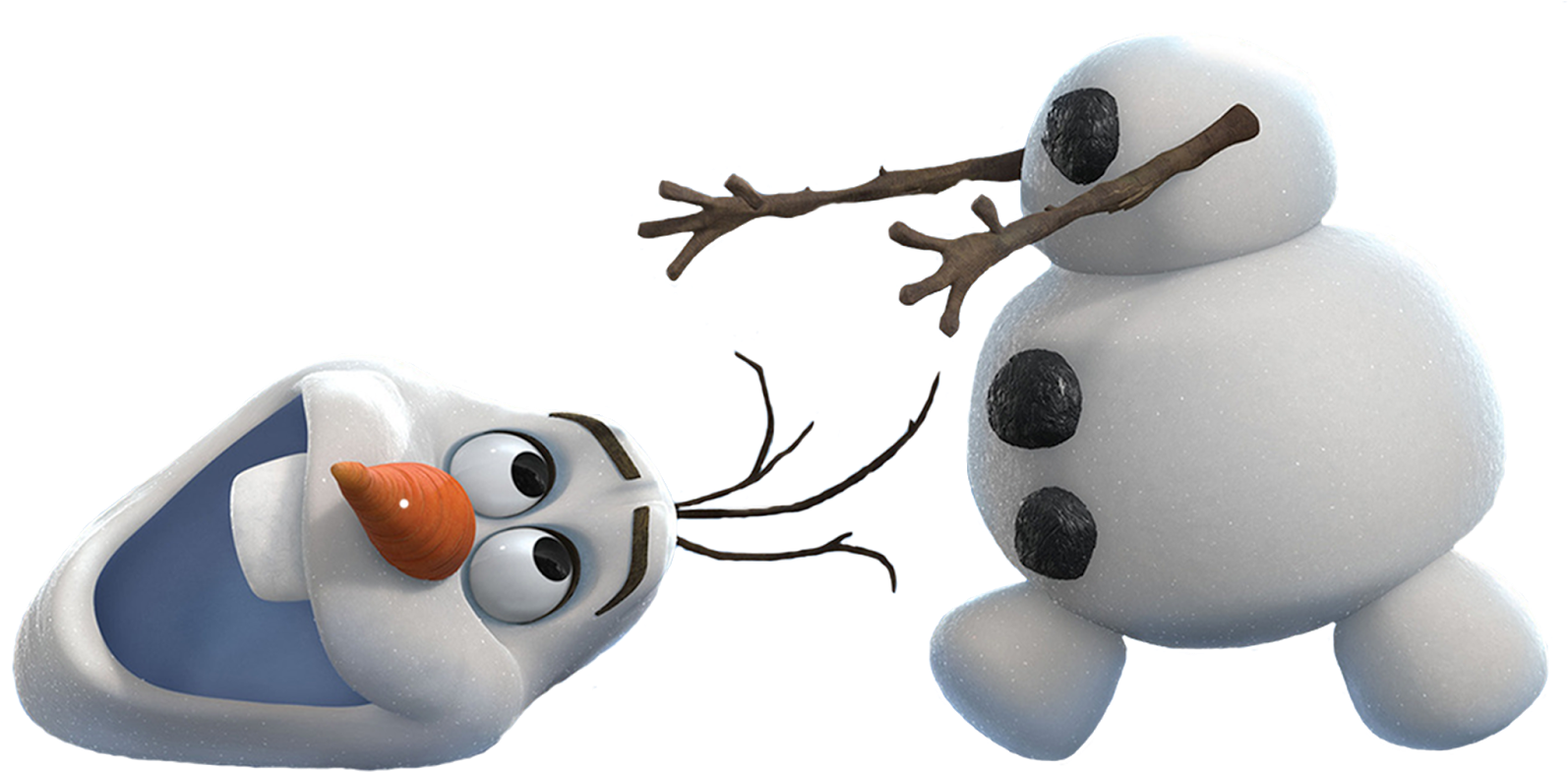 快樂雪人奧拉夫 壁紙 — 雪人Olaf頑皮地伸手觸摸一個驚訝的冰凍Olaf，後者有樹枝手臂和煤炭鈕扣。
