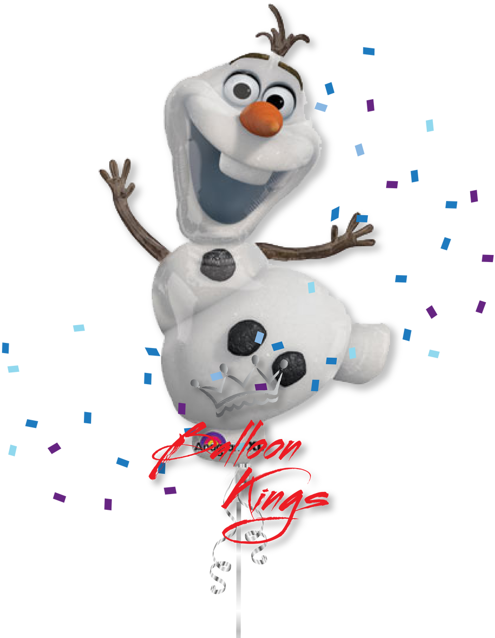 快樂雪寶慶祝氣球 壁紙 — 一個快樂的雪人Olaf氣球，周圍飄浮著五彩紙屑，背景為黑色。