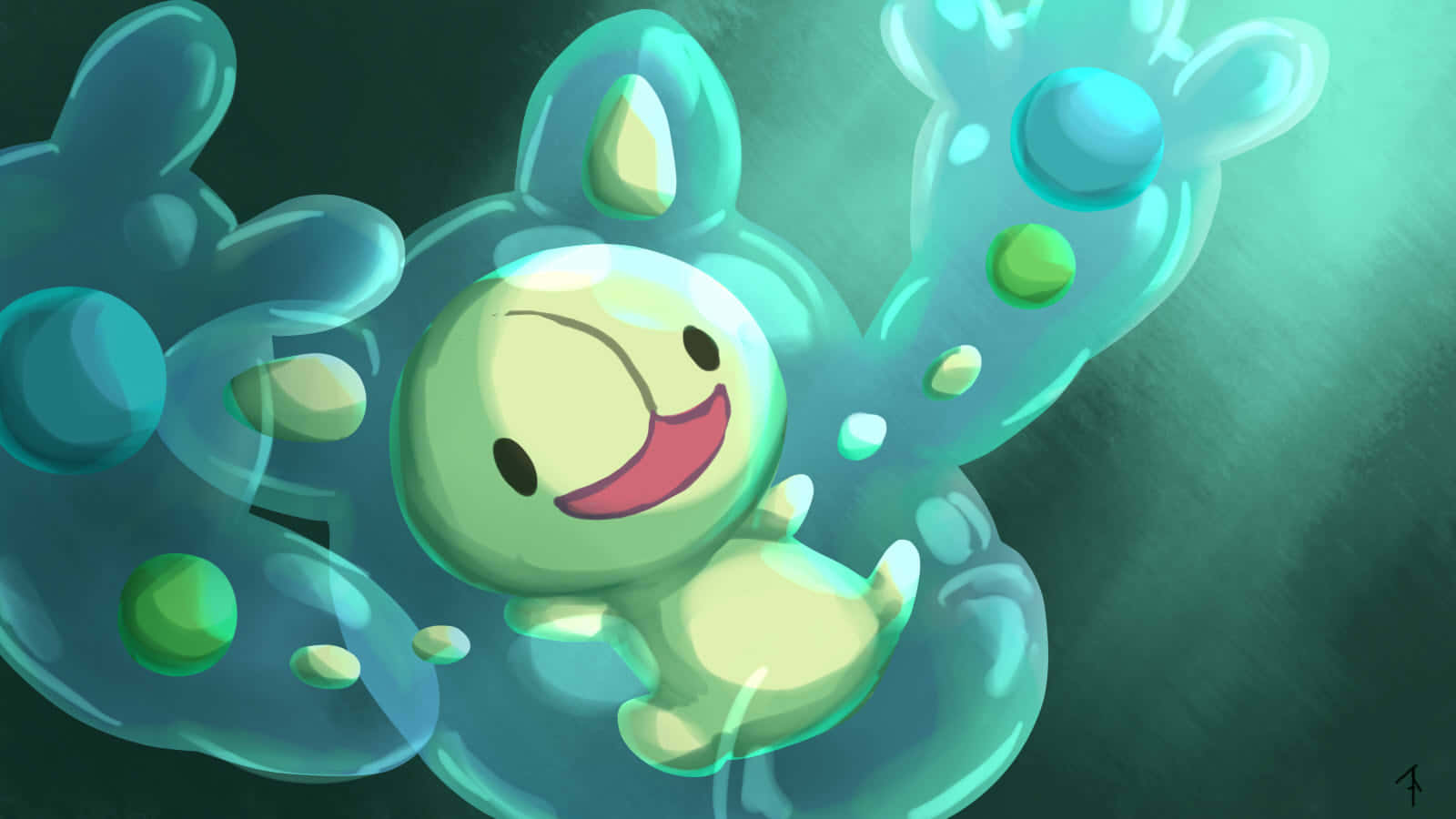 快樂體態的Reuniclus 壁紙 — 一個快樂的綠色卡通生物，帶著燦爛的笑容，漂浮在藍綠色水下場景中，周圍環繞著發光的半透明氣泡。
