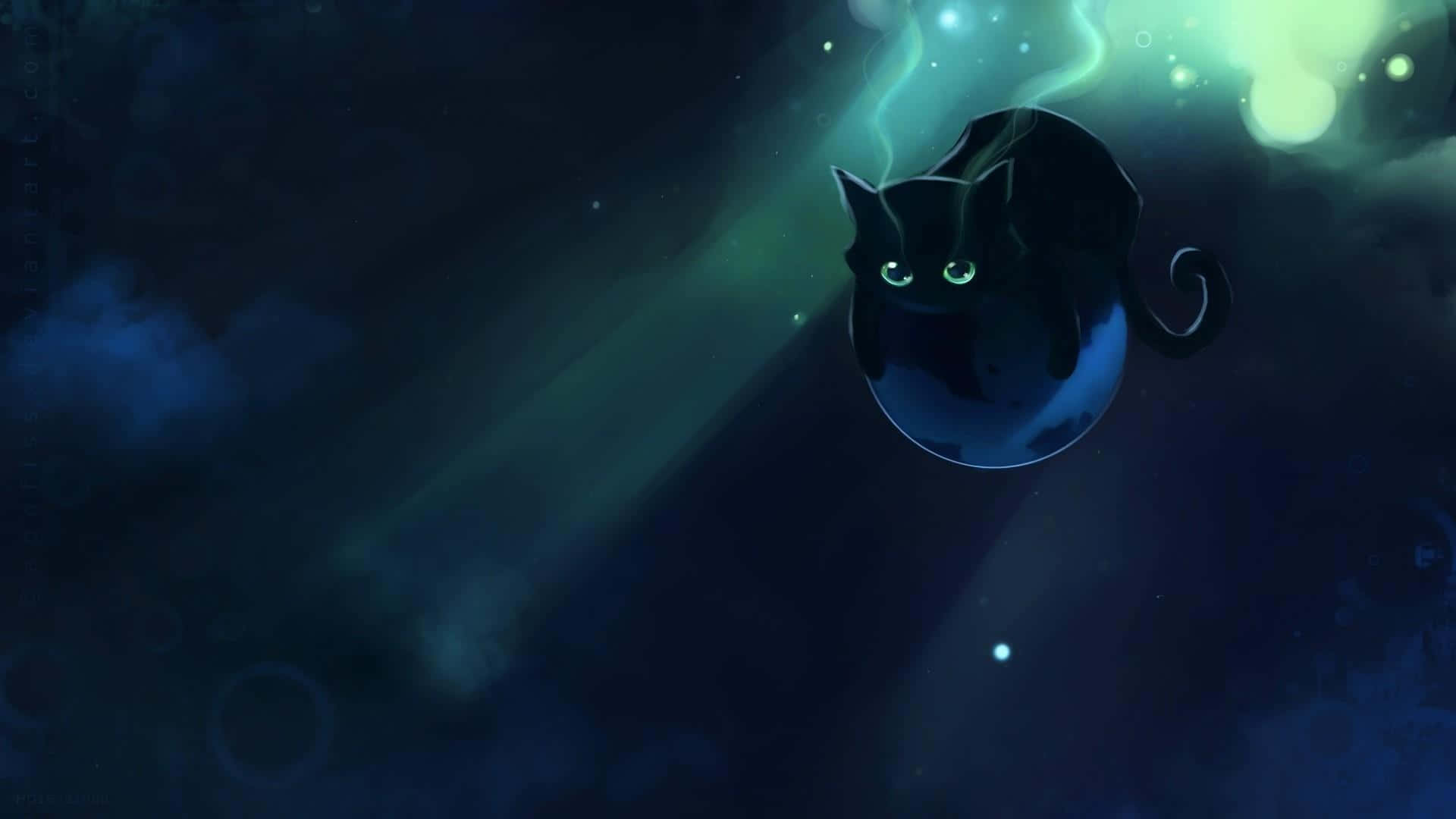快送我去太空吧！ 壁紙 — 一隻發光眼睛的黑貓，在旋轉的宇宙綠色和藍色星雲中，寧靜地漂浮在一個藍色球體上。