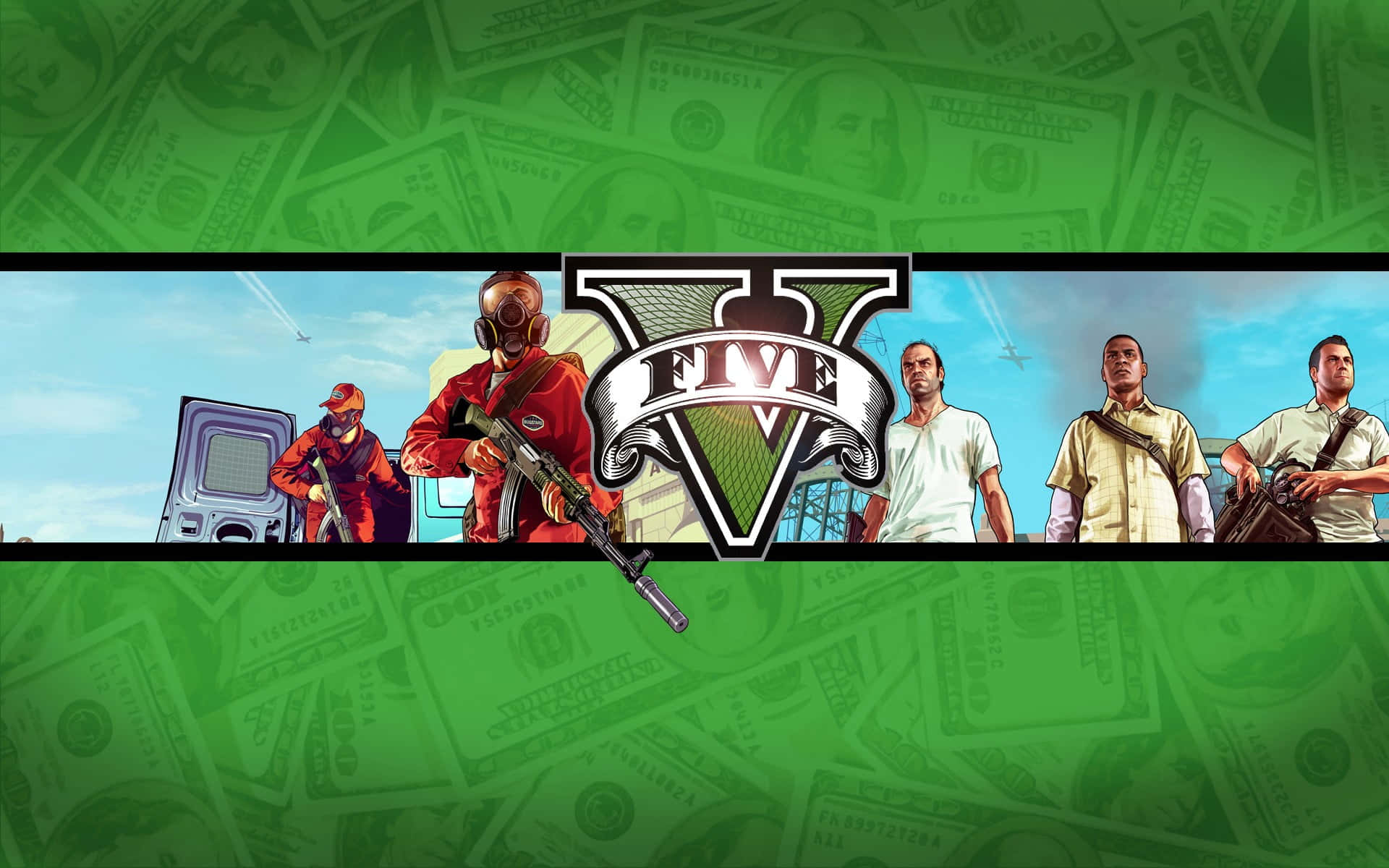 GTA V 遊戲標誌，角色手持武器，背景為綠色美元鈔票。