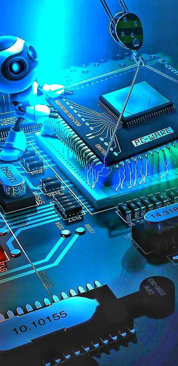 機械人焊接一塊發光藍色電路板及電子元件。