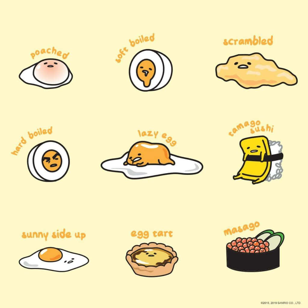 九個 Gudetama 角色化身為不同類型的蛋，包括水煮蛋和壽司。