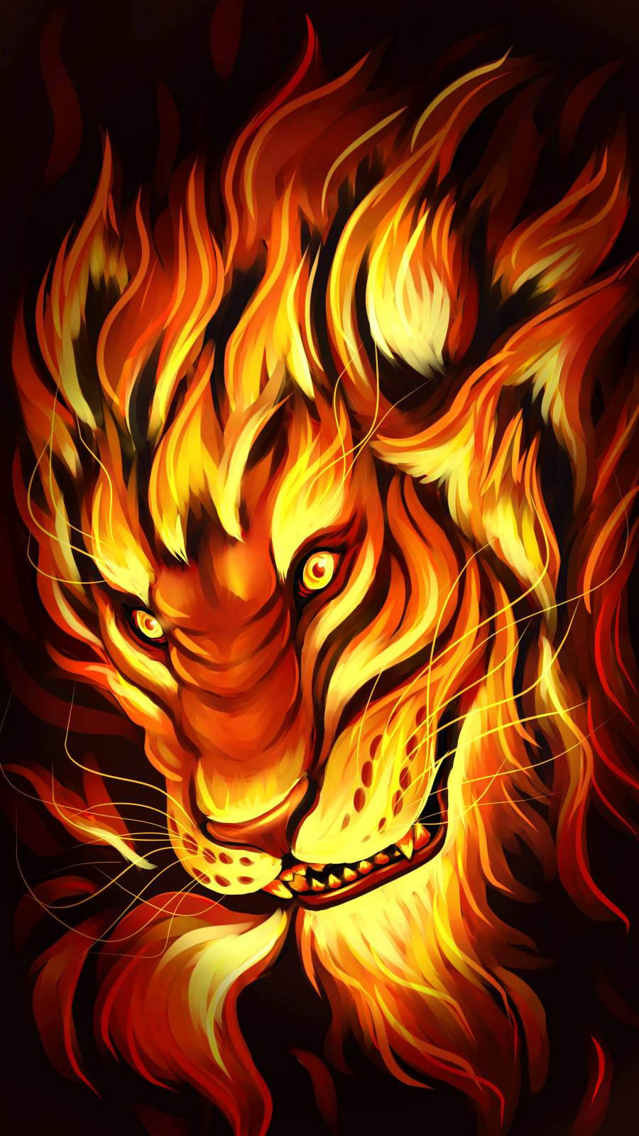 一頭火獅，眼睛發光，鬃毛中有火焰，背景為深色。