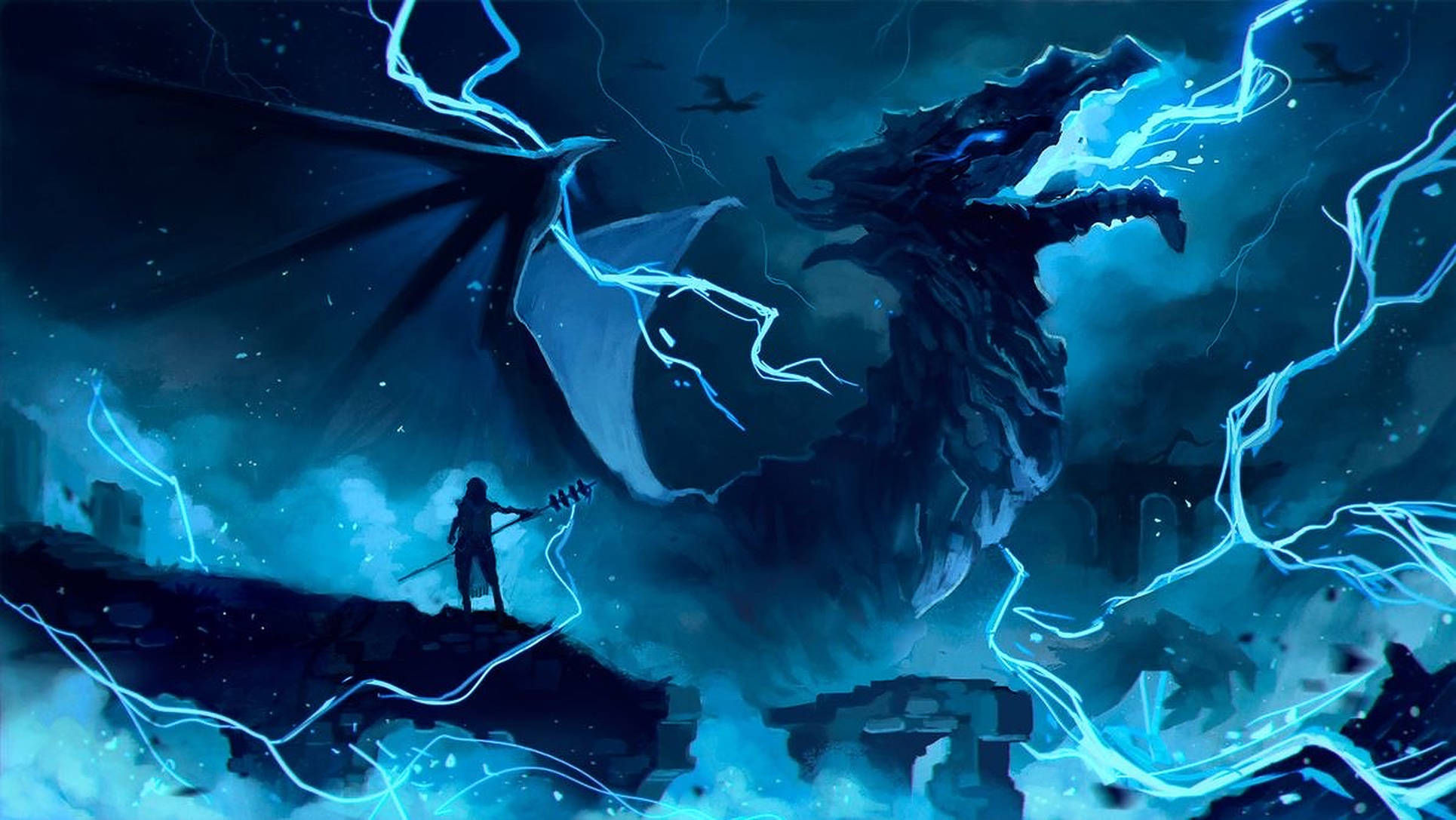 怒吼雷龍 壁紙 — 一個孤獨的戰士在風暴般的電藍色奇幻戰場上，挑釁地對抗一條巨大的雷電強化巨龍。