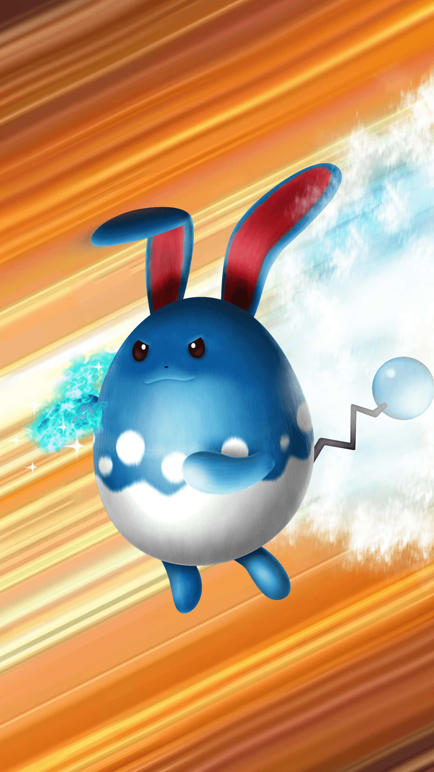 怒氣衝衝的 Azumarill（橙色光線 streaks） 壁紙 — 一隻藍色兔形寶可夢，紅色耳朵，在橙色運動條紋中疾馳，留下白色雲朵和藍色能量的痕跡。