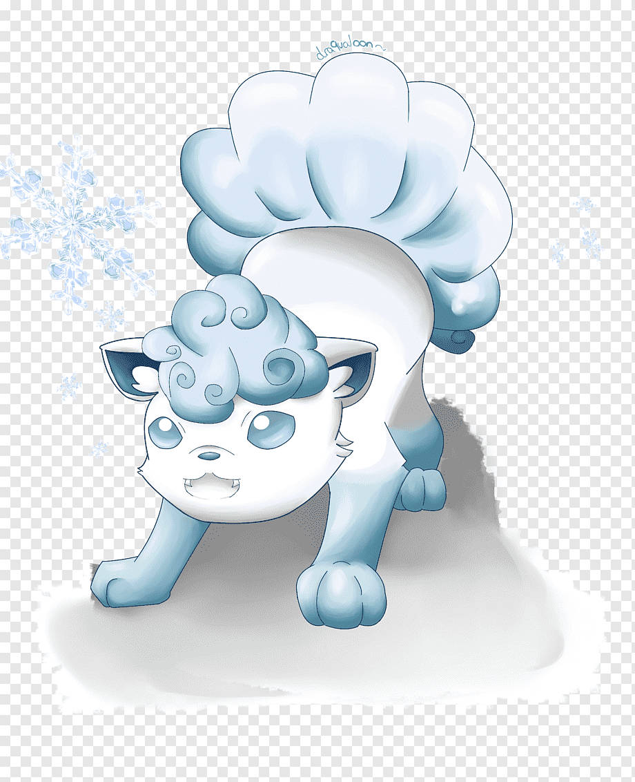 怒氣衝衝的 Vulpix 壁紙 — 一個可愛的藍白動漫風格雪主題生物，周圍有旋轉的毛皮和雪花。