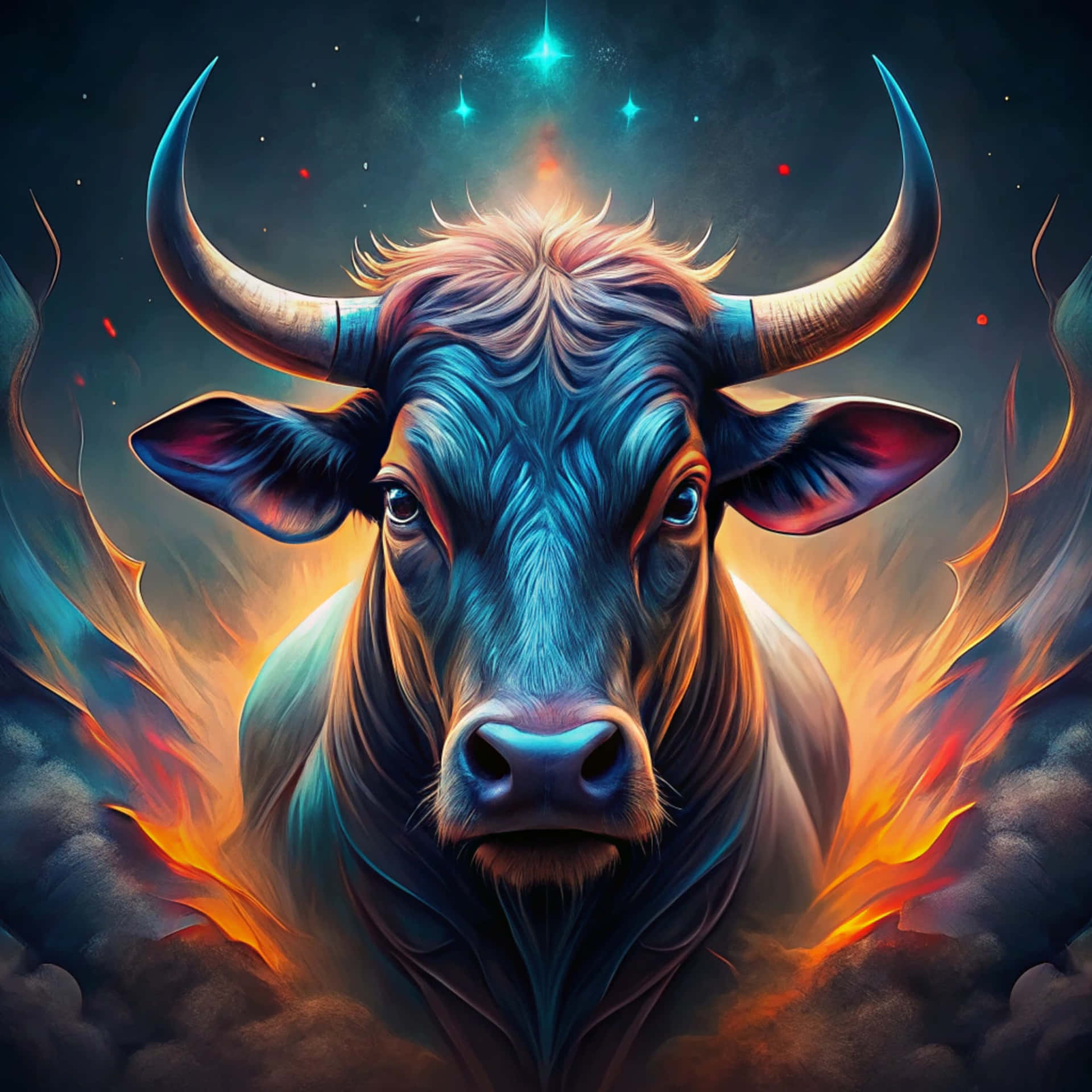 一頭藍色公牛，長著發光的角，在宇宙場景中被火焰和星星包圍。