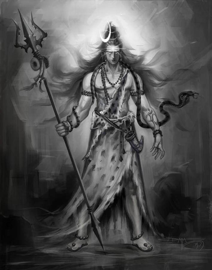 怒目溼婆灰調藝術 壁紙 — 一幅單色插圖，描繪一位神聖戰士，長髮飄逸，手持三叉戟，手臂上纏繞著一條蛇。