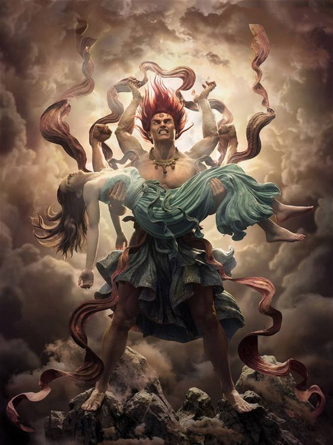怒目濕婆 女人藝術 壁紙 — 一位多臂神聖戰士，擁有火紅的頭髮，站在崎嶇的岩石上，懷抱著一位身穿飄逸青綠色長袍的女子，背景是暴風雨多雲的天空。