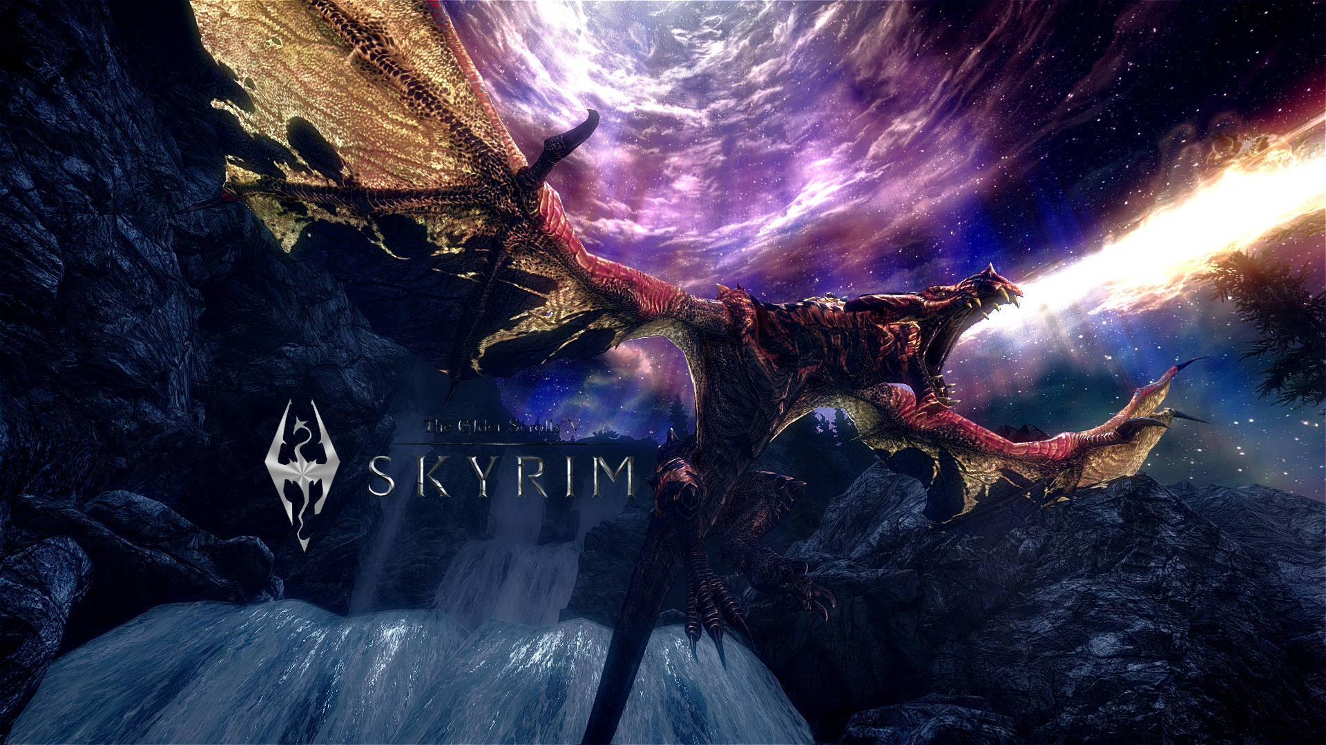 怒龍 露營手機壁紙 壁紙 — 喺Skyrim遊戲場景入面，一隻巨大嘅紅龍喺瀑布上面翱翔，背景係宇宙紫色同金色嘅天空。