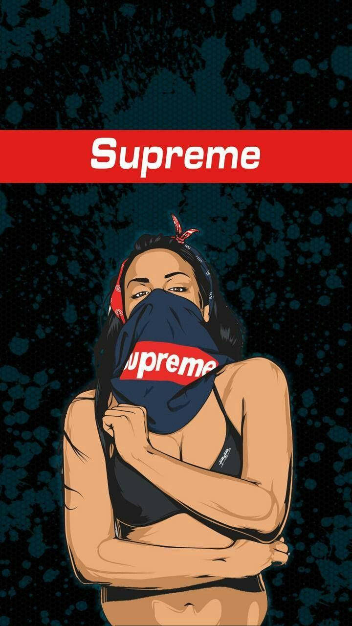性別轉換版 Dope Supreme 壁紙 — 一個風格化的插圖，描繪一位女性戴著 Supreme 頭巾遮住嘴巴，背景為深色潑濺效果。