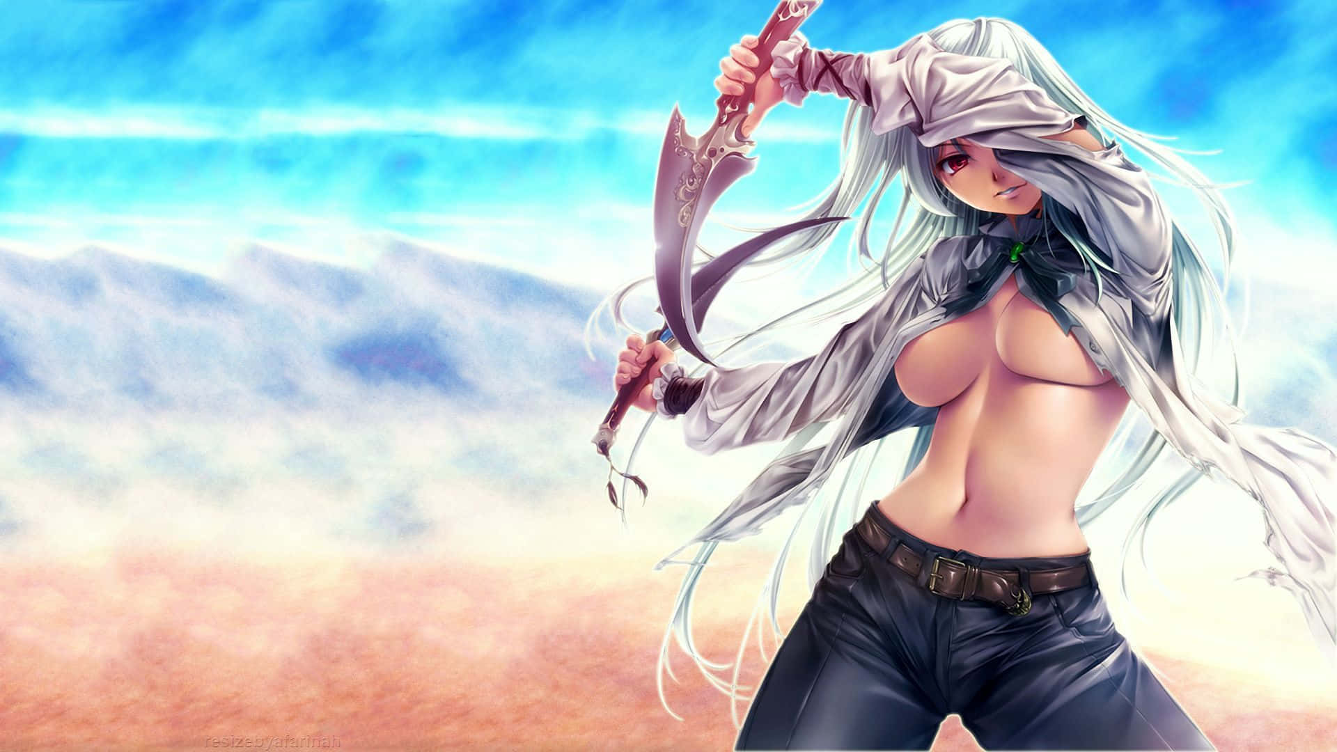 銀髮動漫女戰士以戰鬥姿勢握著一把彎曲的劍。 — 動漫女孩 壁紙