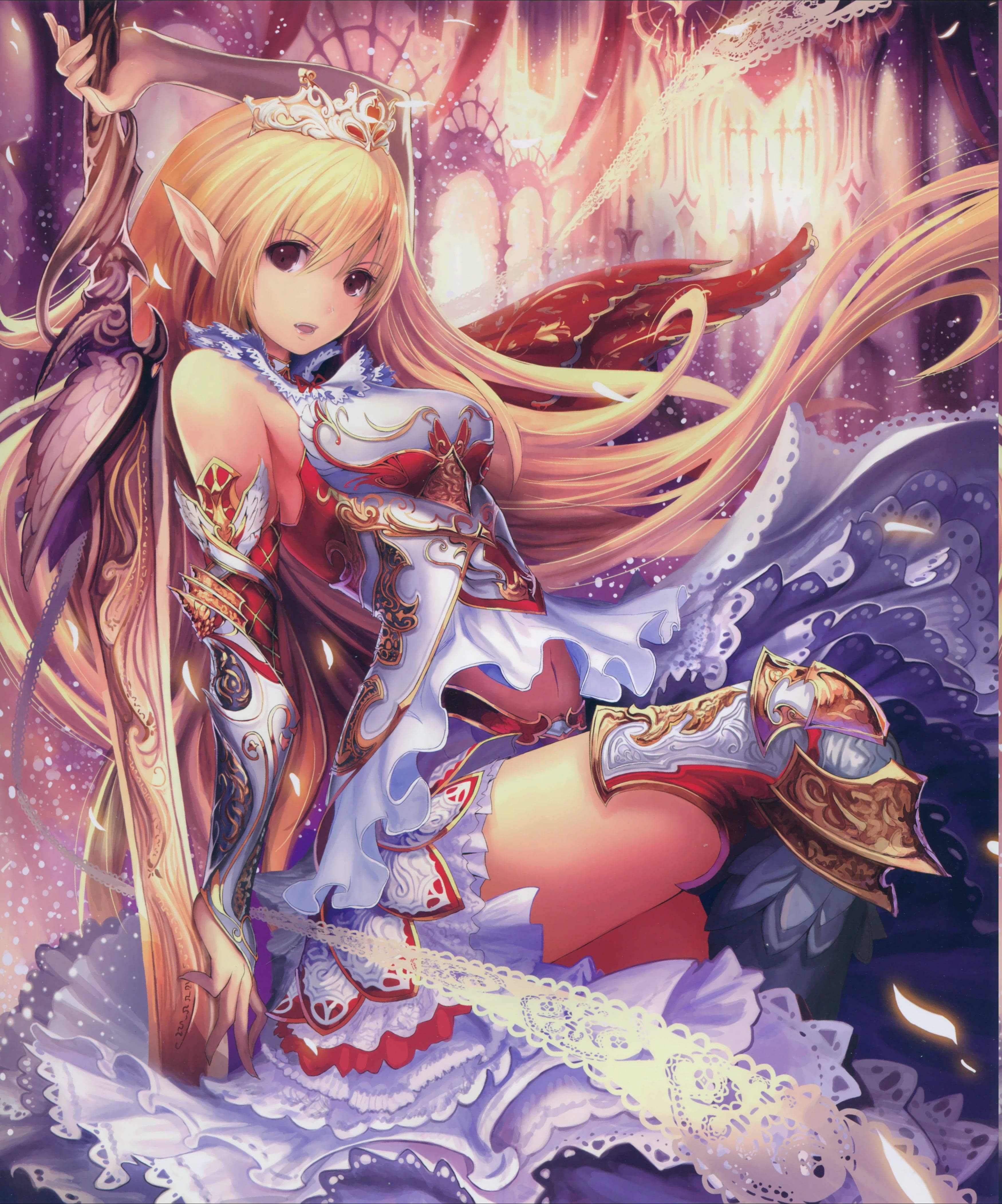 性感動漫奇幻戰士 壁紙 — 一位金髮精靈少女身穿華麗盔甲和飄逸白裙，在魔法閃耀的城堡背景下手持劍。