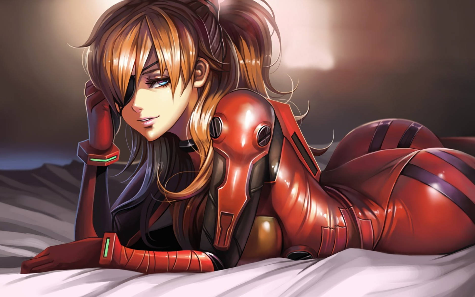 性感動漫女孩惣流·明日香·蘭格雷 壁紙 — 一個美麗的動漫女孩，長長嘅棕色頭髮同一個眼罩，躺喺白色表面上，著住紅色裝甲服。