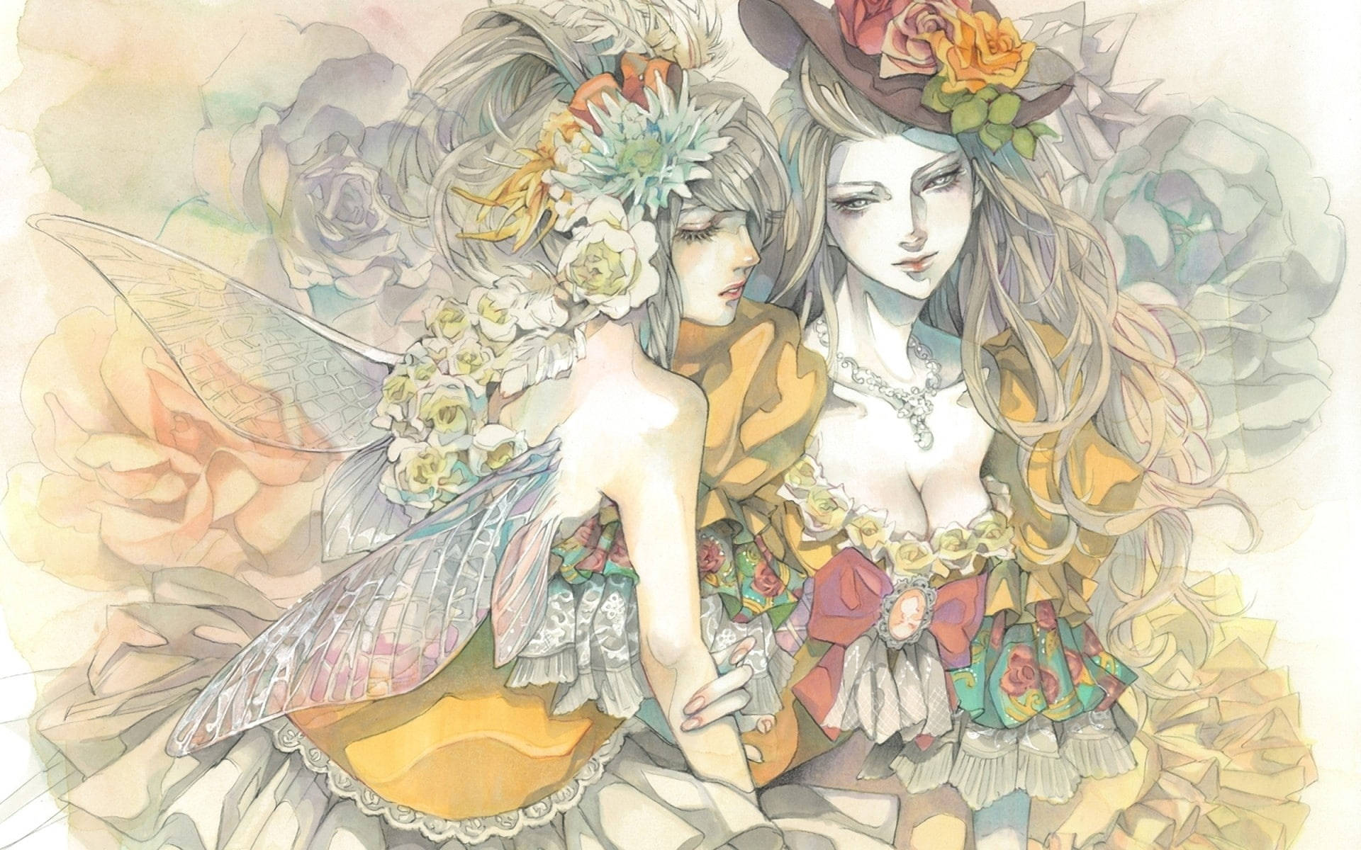性感動漫精靈繪畫 壁紙 — 兩位空靈仙女般的女性，頭戴花冠，翅膀纖細，坐在夢幻水彩畫般的大玫瑰叢中。