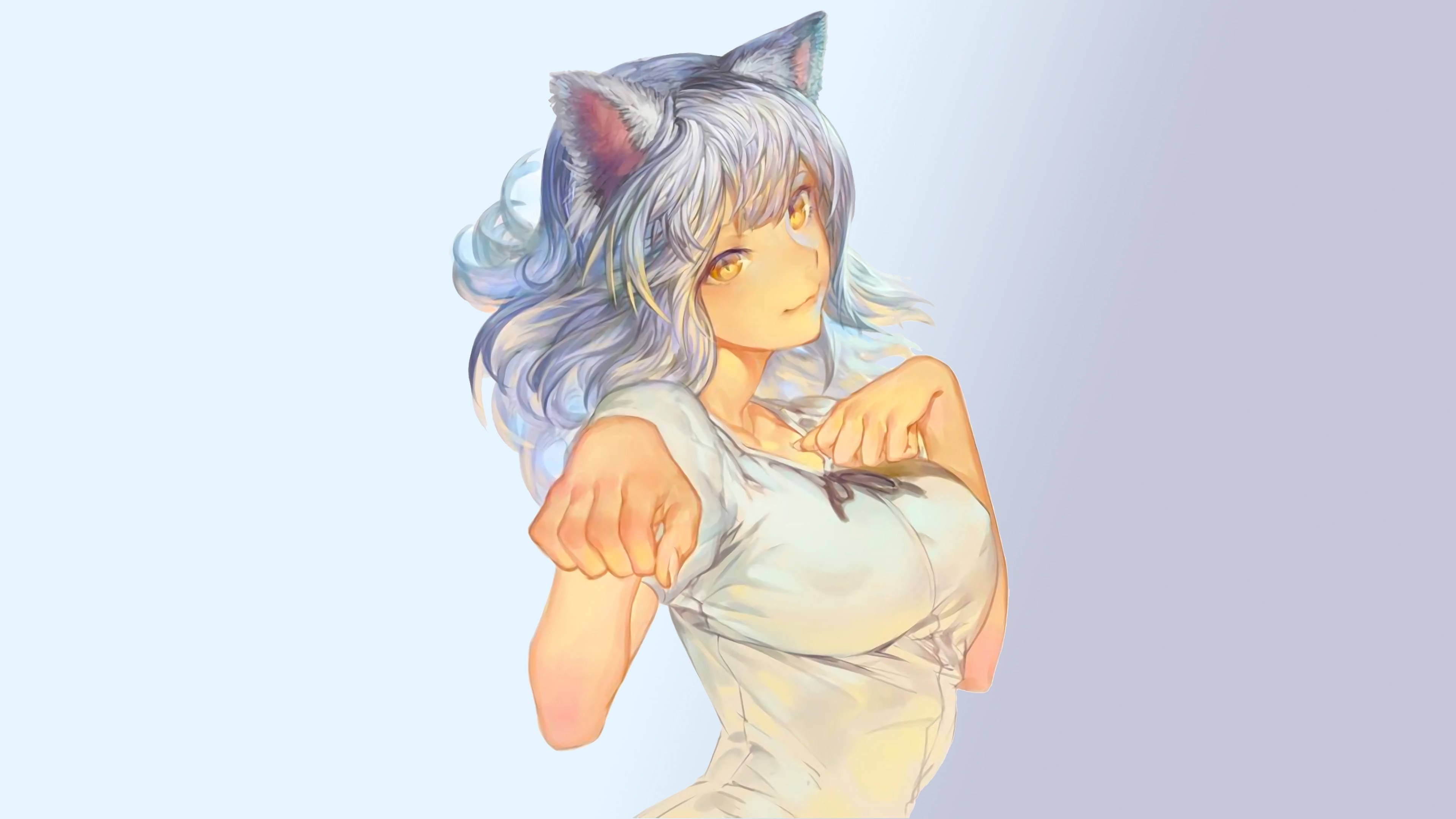 性感動漫貓女 壁紙 — 一個可愛的動漫女孩，銀色頭髮和貓耳朵，在柔和的漸變背景上頑皮地拉著她的白色襯衫。