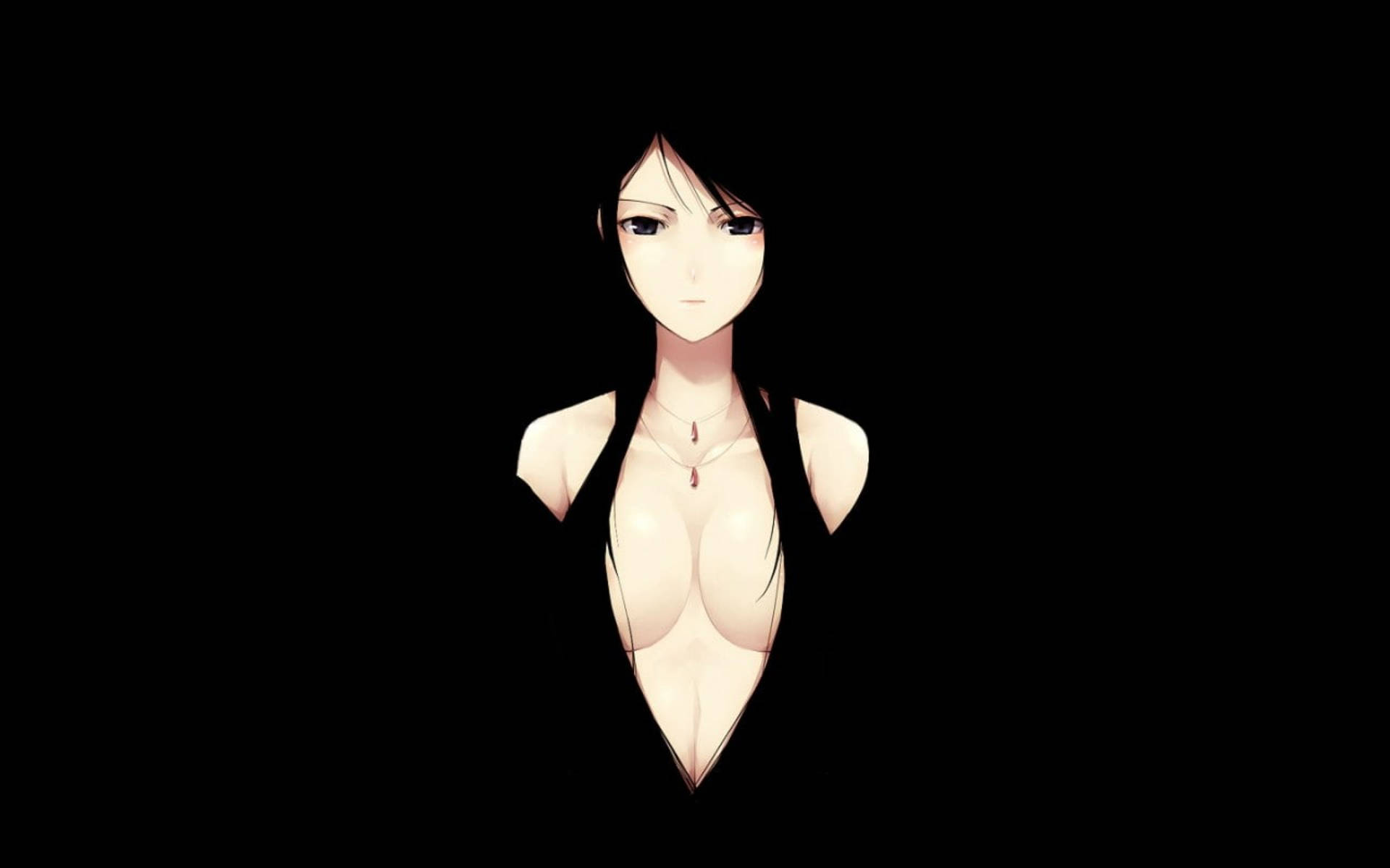 性感動漫黑衣少女 壁紙 — 一個蒼白的動漫女人，黑髮和紅色吊墜，從極簡黑色背景的黑暗中浮現。