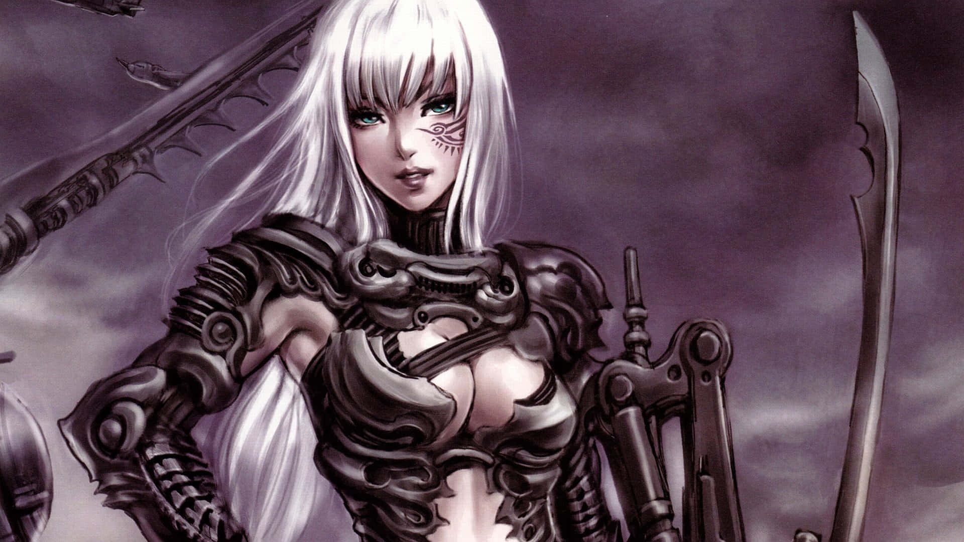 身穿暗色盔甲的動漫女戰士在暴風雨的天空下手持武器。