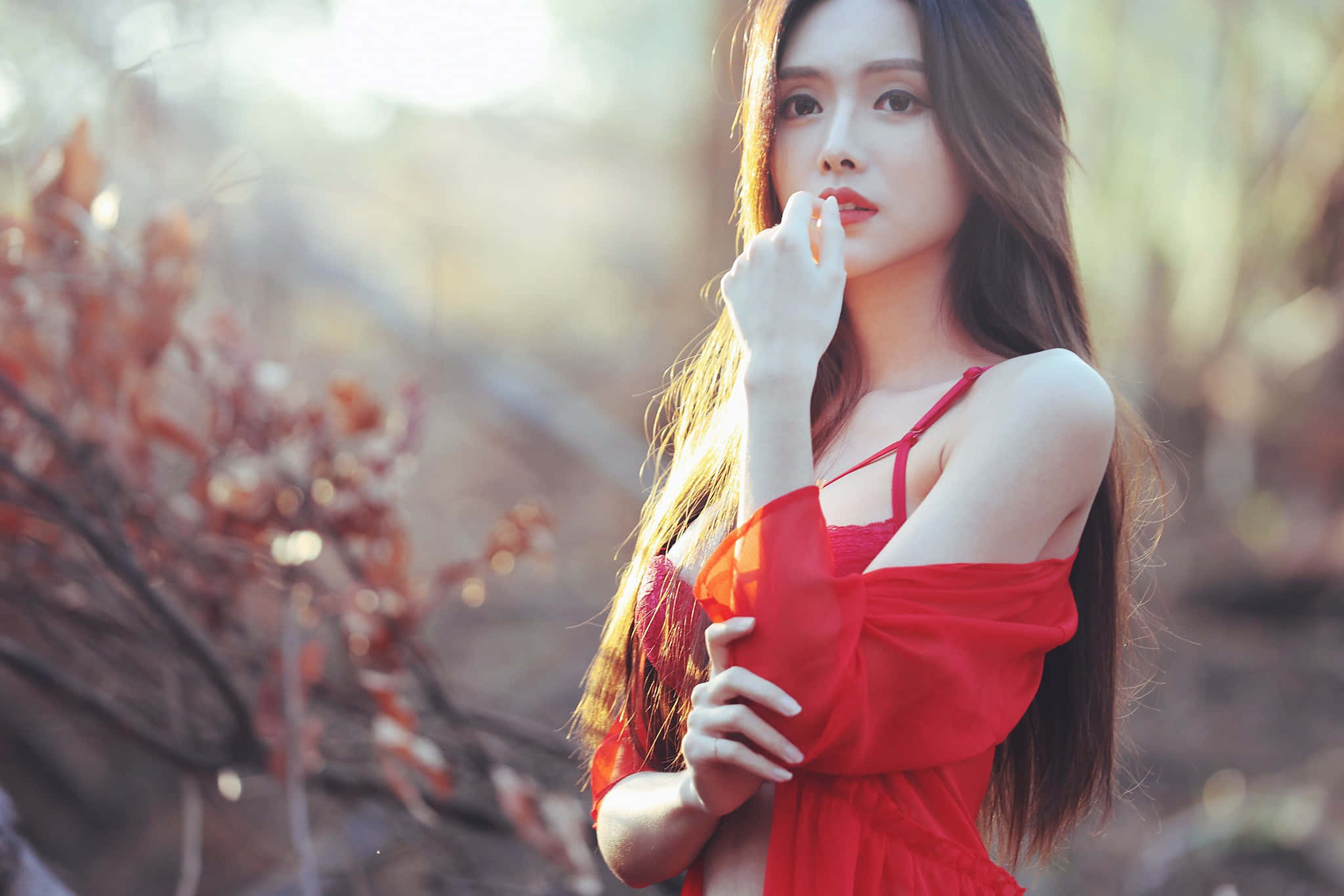 性感時尚連衣裙圖片 壁紙 — 一位身穿飄逸紅裙的女性站在柔和的金色陽光中，身後是秋葉。