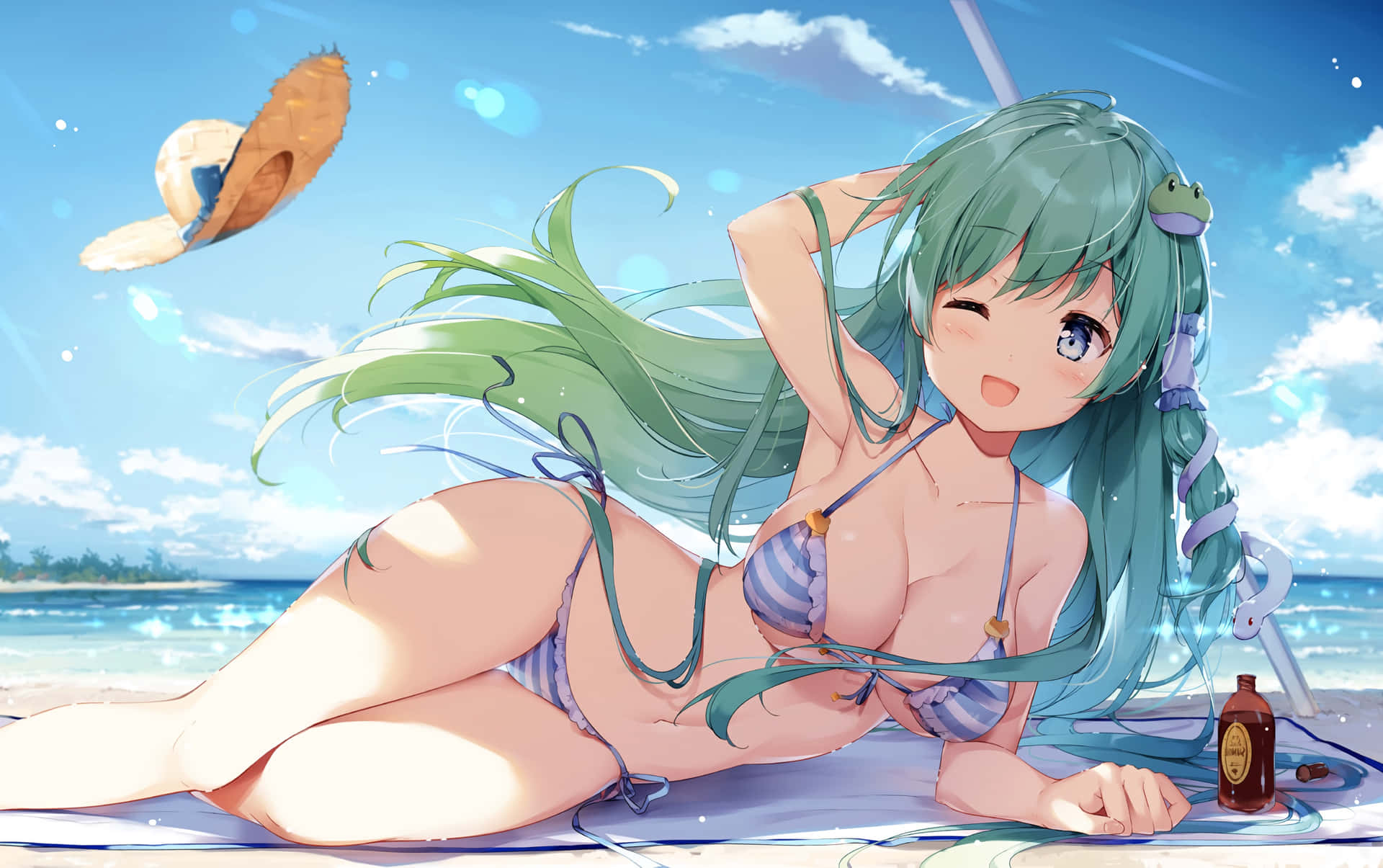 藍綠色頭髮的動漫女孩在陽光明媚的海灘上穿著條紋比基尼放鬆。