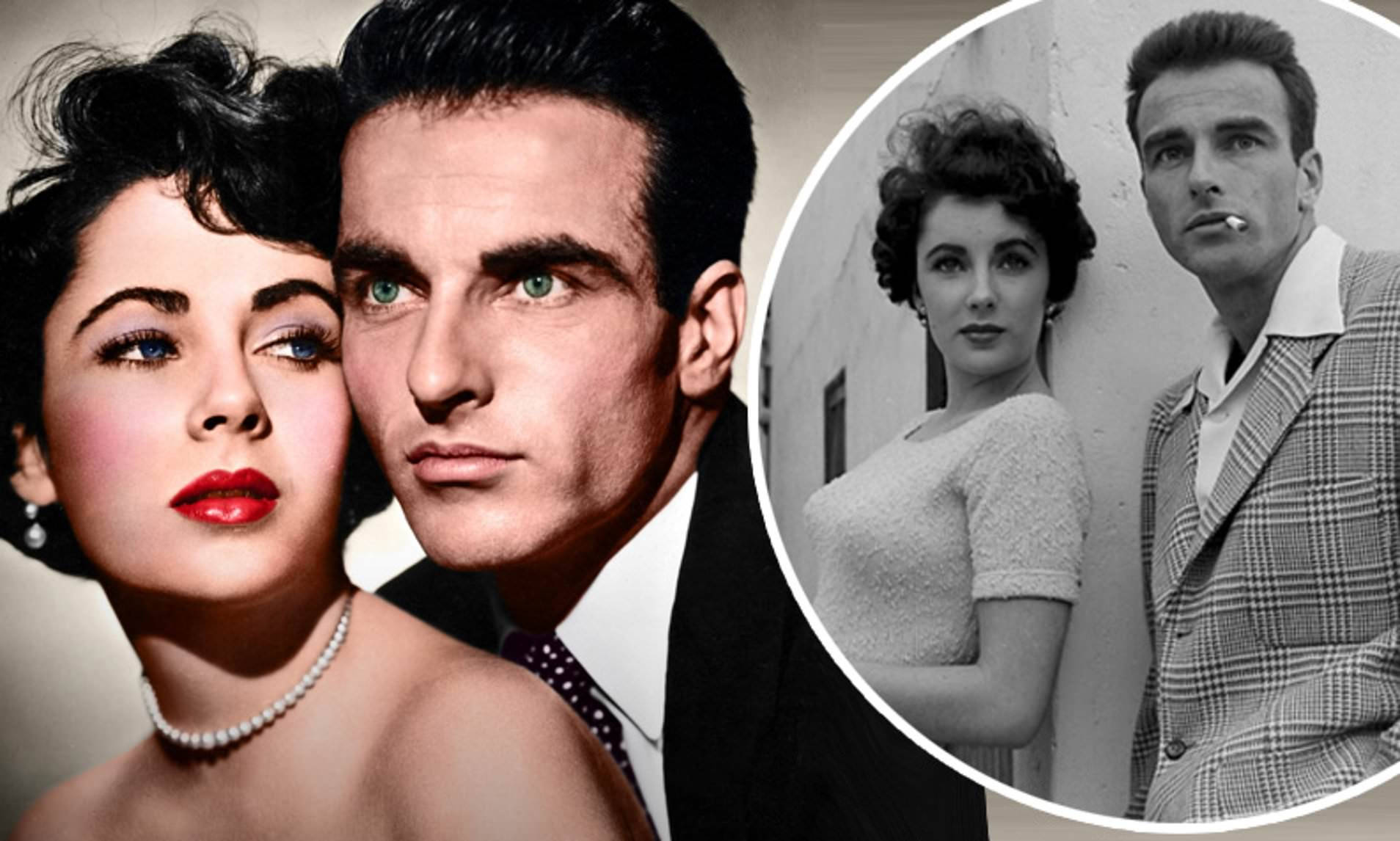 性感的蒙哥馬利·克利夫特與伊麗莎白·泰勒 壁紙 — 復古荷里活情侶肖像，以彩色特寫和黑白插圖展現經典1950年代的魅力與風格。