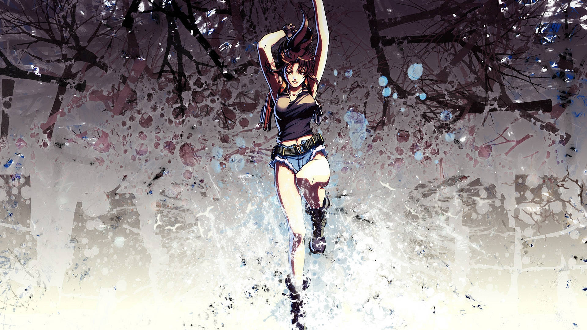 穿著冬裝的動漫女孩跳過帶有光禿樹木的雪花飛濺效果。