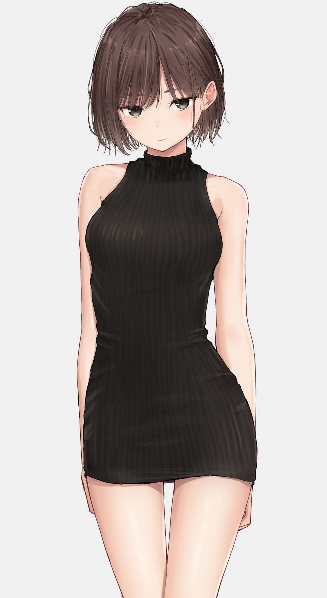 動漫風格女孩，短棕髮，穿著黑色羅紋掛頸連衣裙。