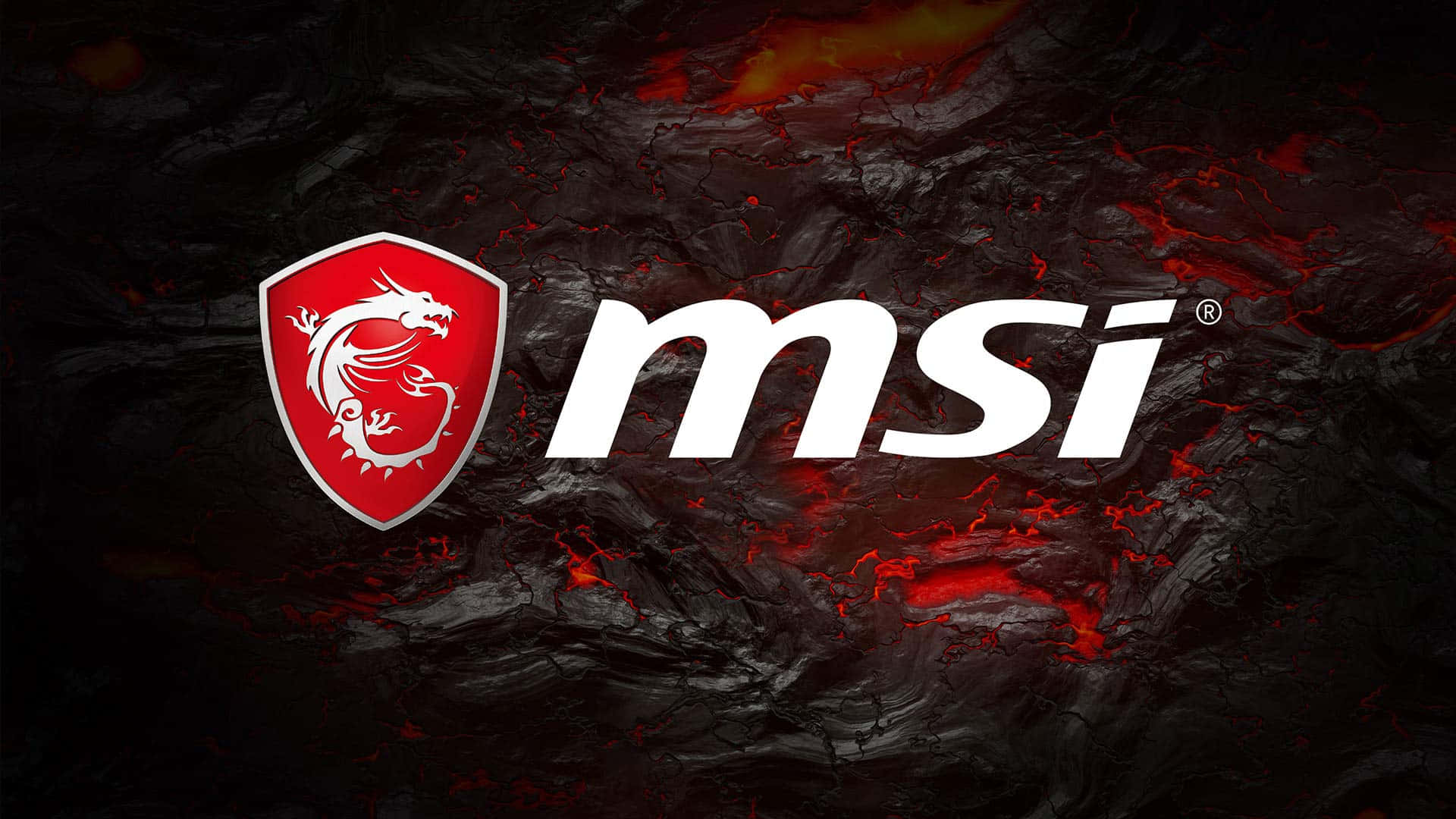 性能與時尚兼具 — 微星 壁紙 — MSI 標誌，帶有紅色龍紋章，背景為破裂的熔岩狀黑色，散發出火紅色的光芒。