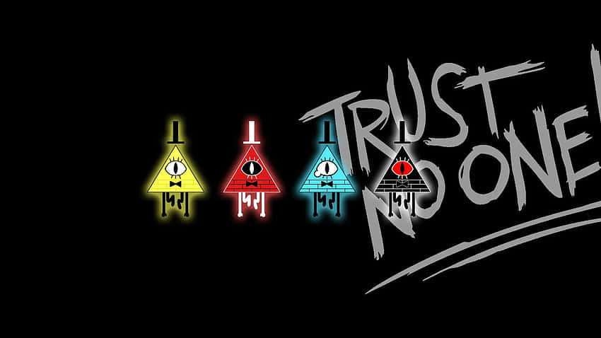 四個發光的三角形角色，有眼睛和蝴蝶結，在文字「TRUST NO ONE」旁邊。