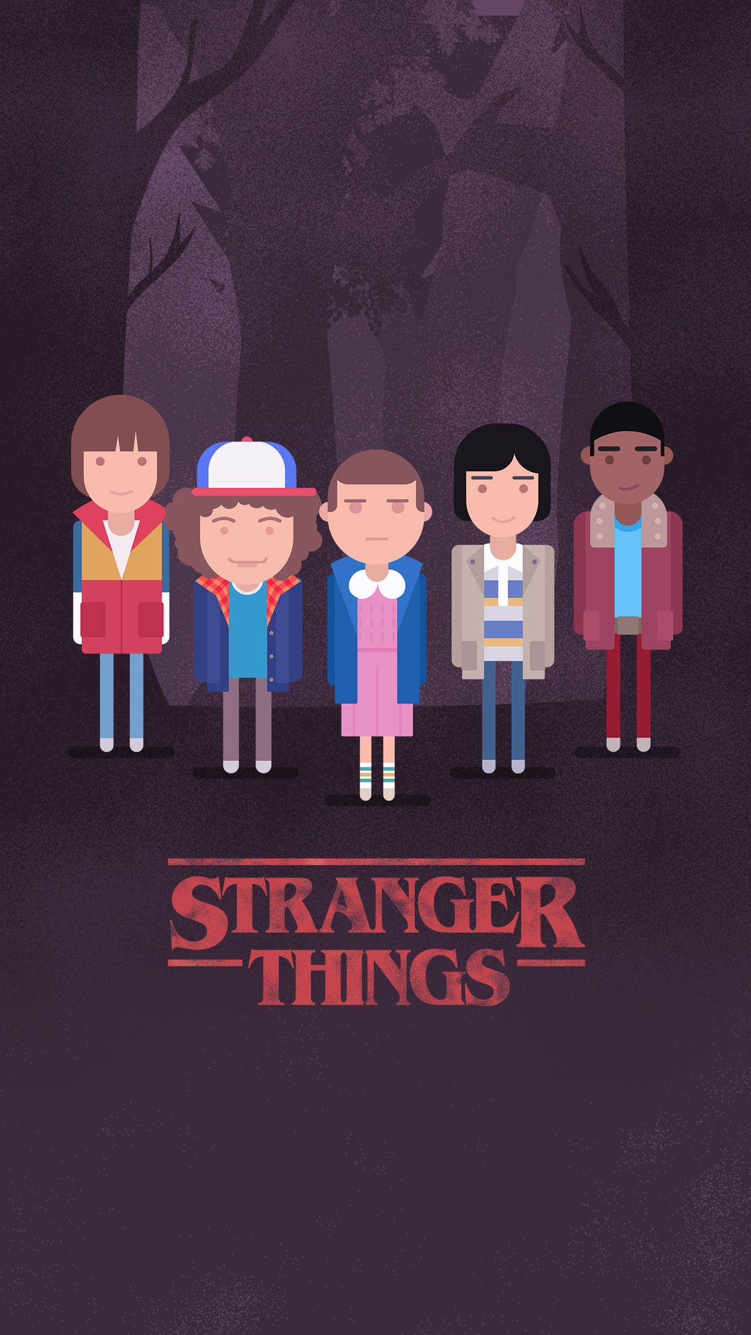 來自 Stranger Things 的五個卡通人物站在黑暗的森林中。