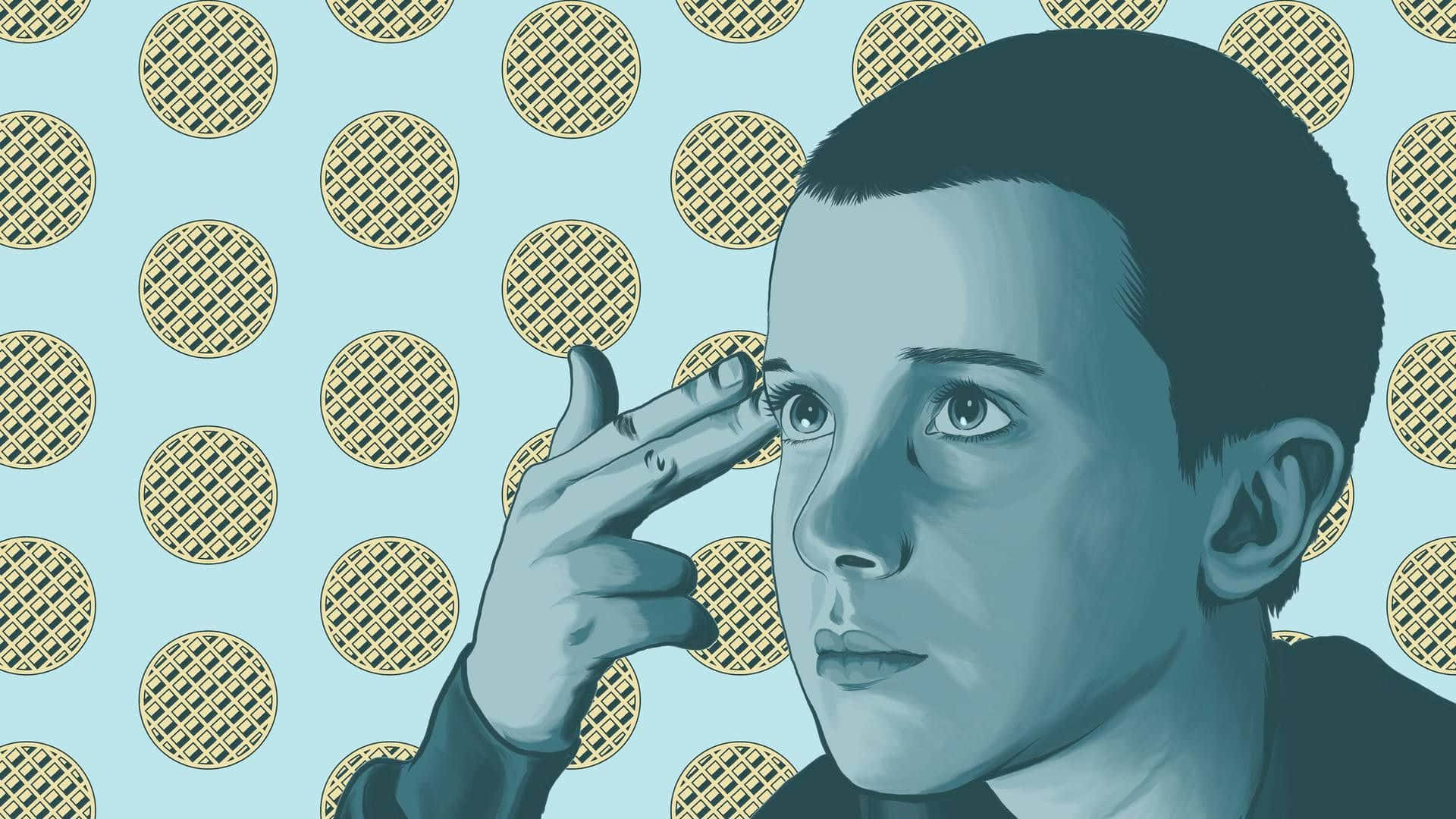 一個風格化插圖中的男孩在圖案背景上做出手槍手勢。