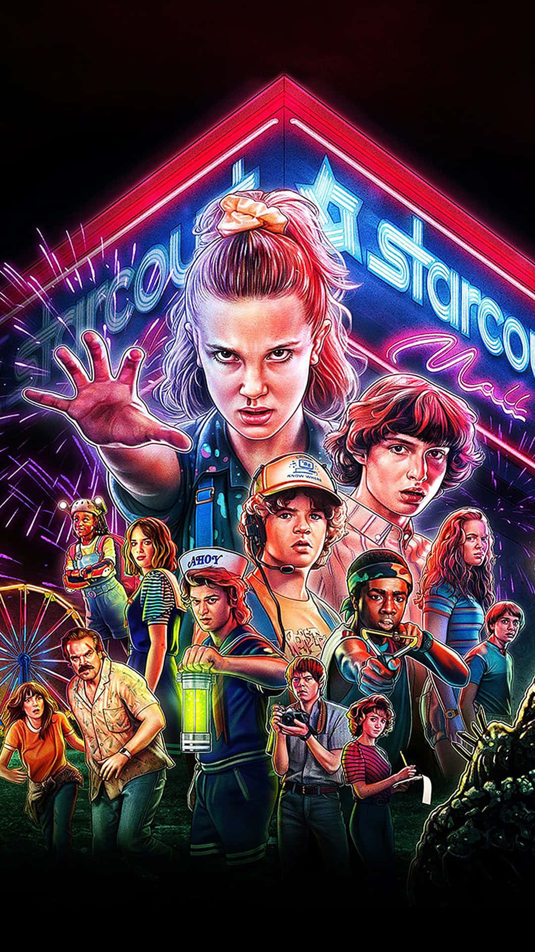 夜晚，怪奇物語角色在Starcourt Mall霓虹標誌前。