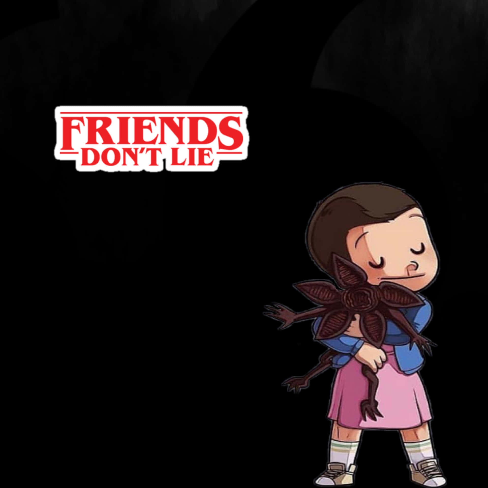 Q版女孩抱著一個深色花朵生物，帶有「friends don't lie」文字。