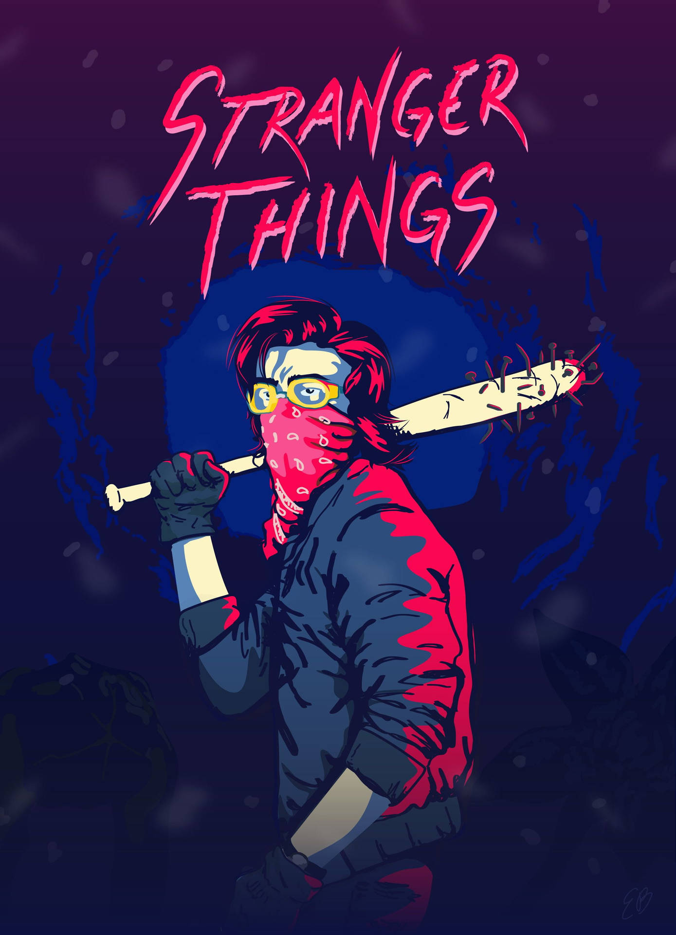 一個戴面具的角色在黑暗環境中拿著棒球棍，帶有Stranger Things文字。