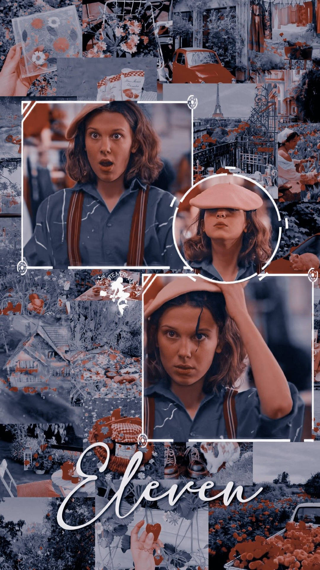 《怪奇物語》Eleven 在不同場景和服裝中的拼貼畫。