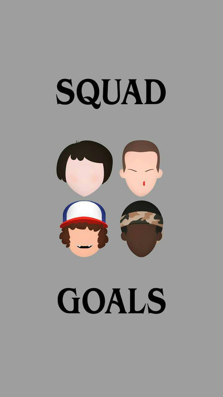 四個卡通面孔，帶有「SQUAD」和「GOALS」文字，簡約風格。
